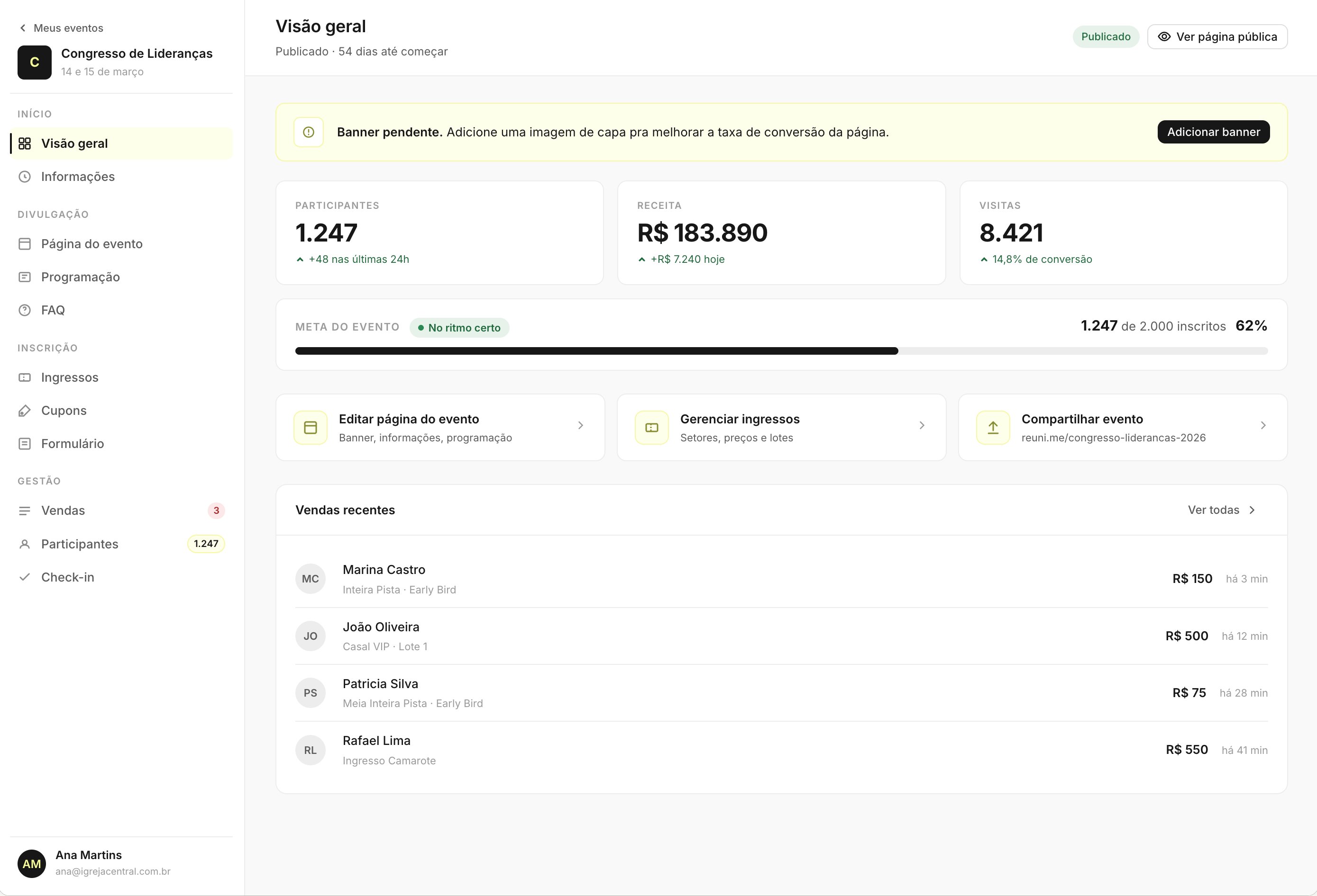 Painel de controle do Reuni Events mostrando visão geral de um evento com inscrições, receita e check-in